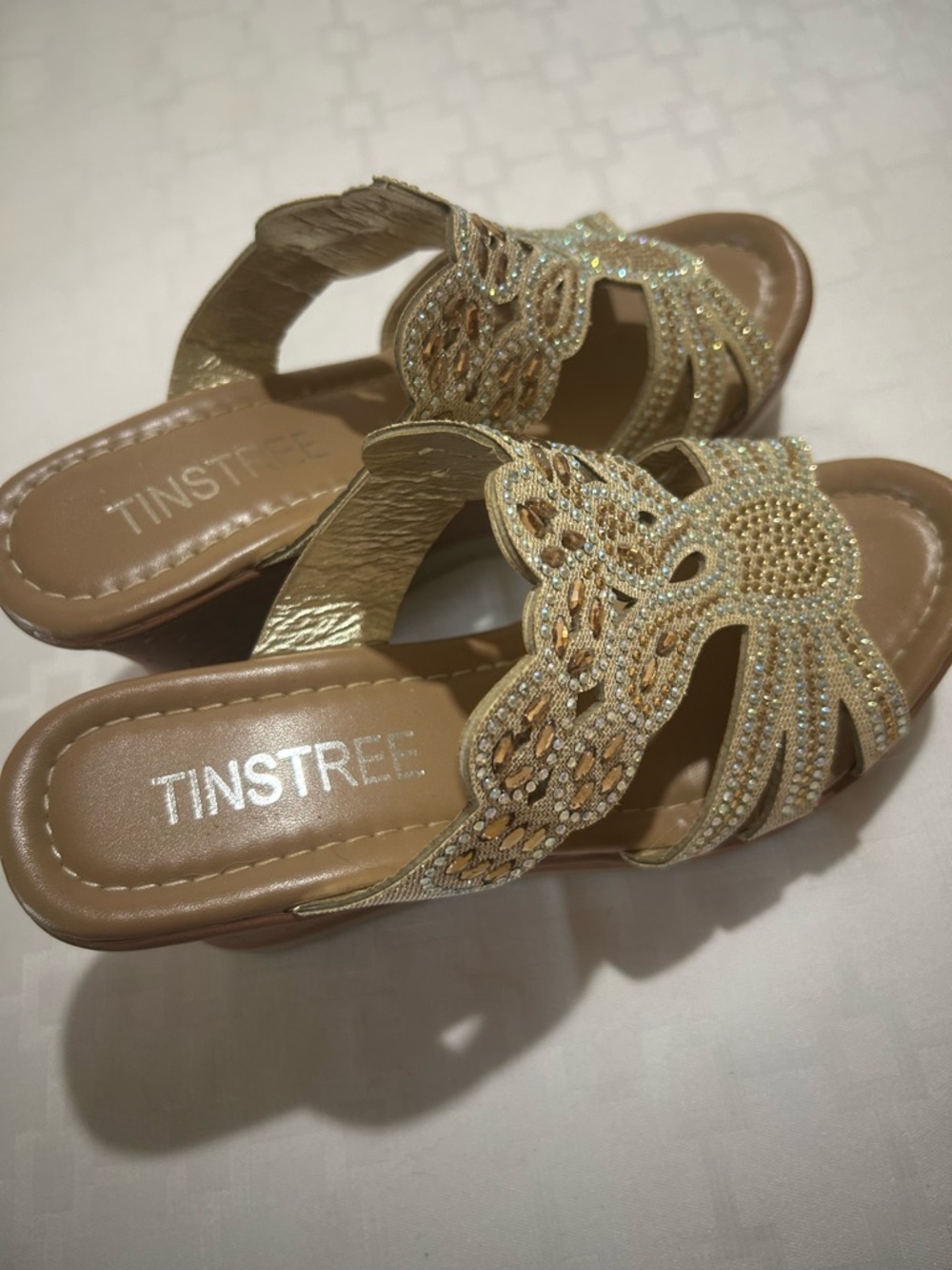 Tinstree Champagne Gold Beaded Platform Wedge Sandals 5